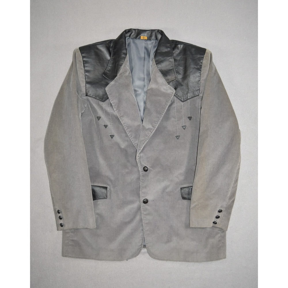 Vintage Pioneer Wear Jacket Mens XL 48 Grey Corduroy Blazer Leather Trim Western